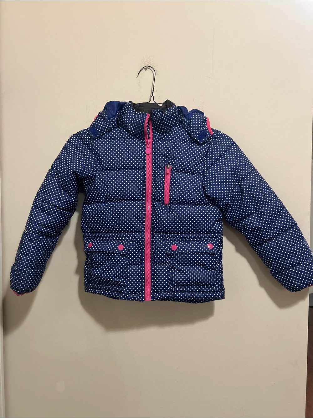 H&M Navy Polka Dot Puffer Jacket with Pink Trim